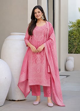Pink Cotton Printed Charming Straight Pant Suit