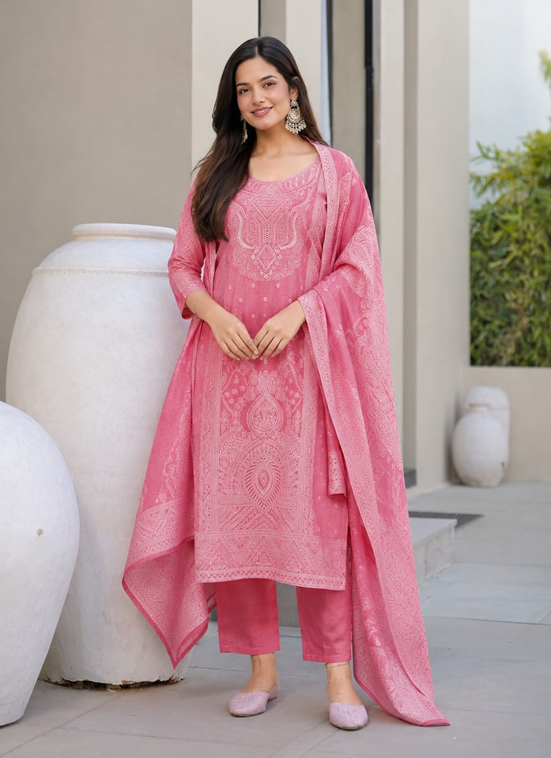 Pink Cotton Printed Charming Straight Pant Suit Work Wear