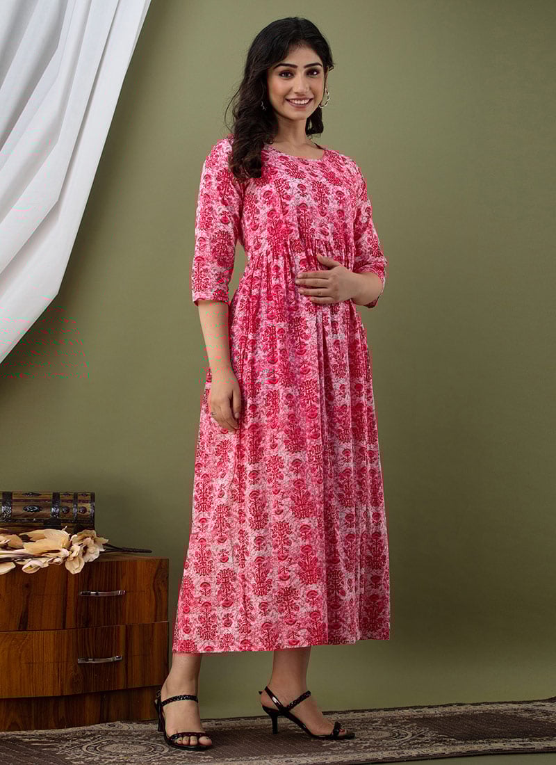 Pink Cotton Printed Dress After Six Wear
