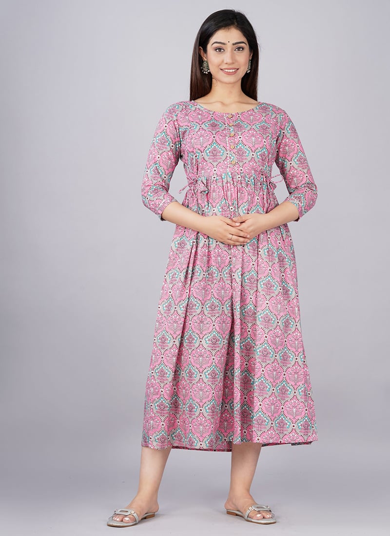 Pink Cotton Printed Dress After Six Wear
