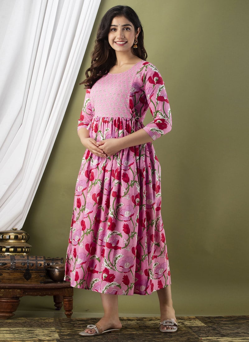 Pink Cotton Printed Dress After Six Wear