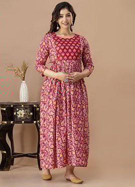 Pink Cotton Printed Dress