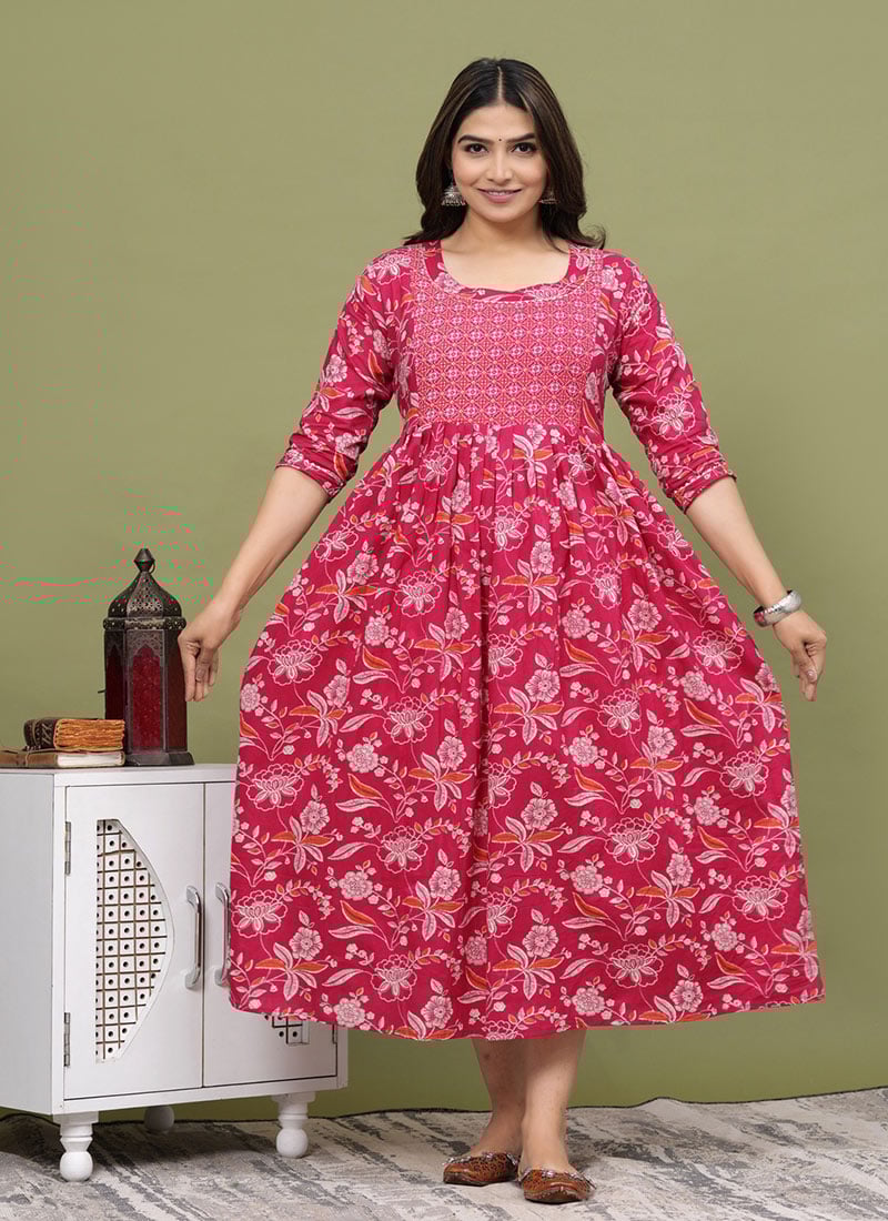 Pink Cotton Printed Dress After Six Wear
