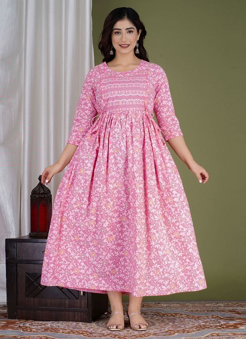 Pink Cotton Printed Dress After Six Wear