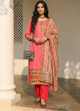 Pink Cotton Printed Embroidered Sequins Straight Pant Suit