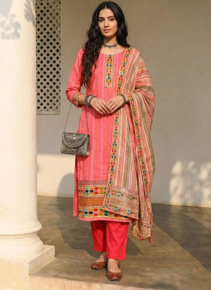 Pink Cotton Printed Embroidered Sequins Straight Pant Suit Festive Wear