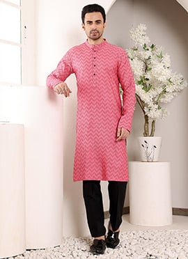 Pink Cotton Printed Kurta For Men