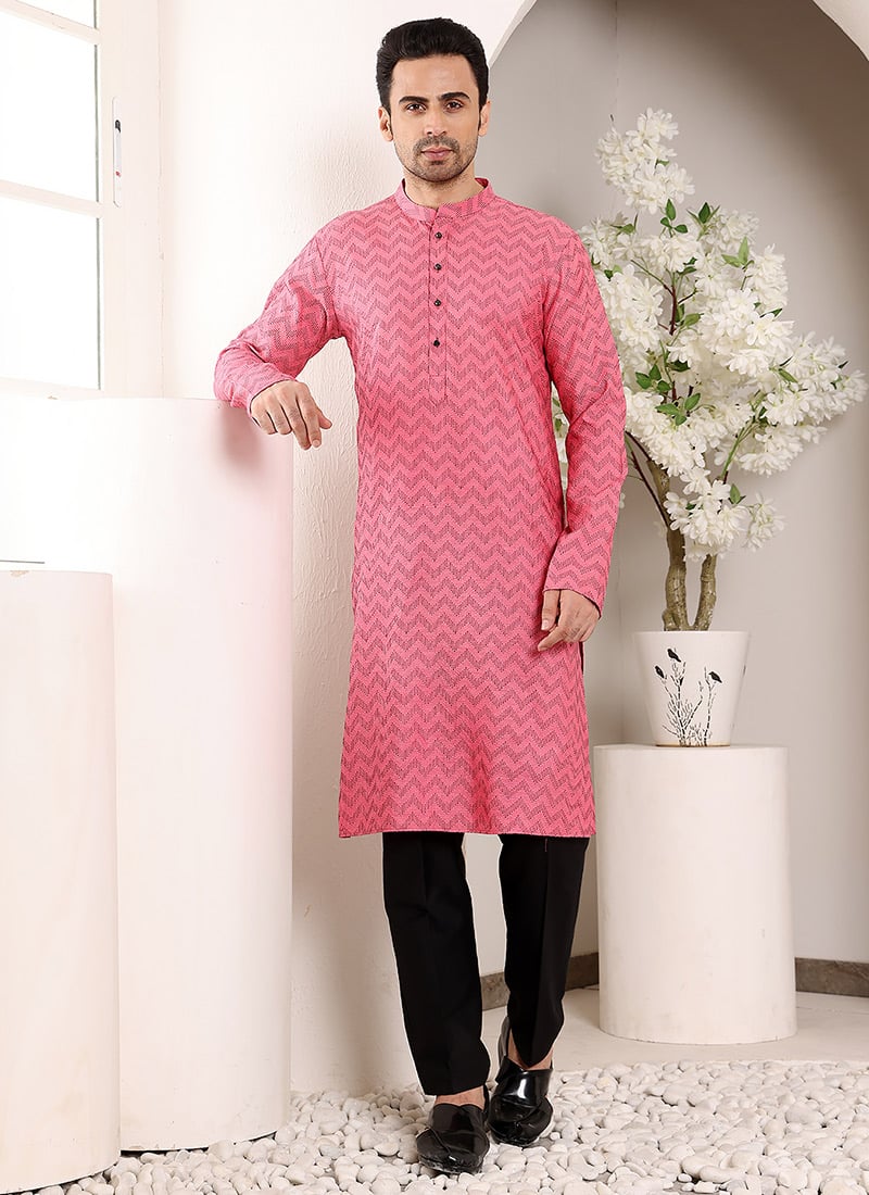 Pink Cotton Printed Kurta For Men