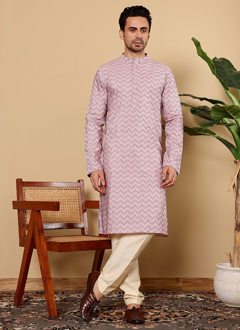 Pink Cotton Printed Kurta For Men