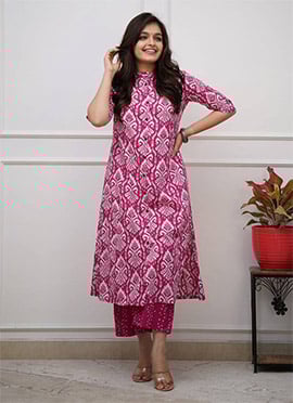 Pink Cotton Printed Kurta Palazzo Set
