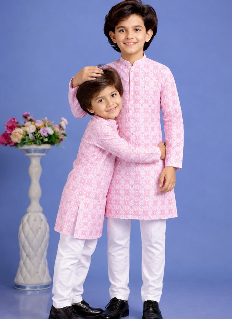 Pink Cotton Printed Kurta Pyjama Set