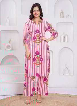 Pink Cotton Printed Kurta Straight Pant Set