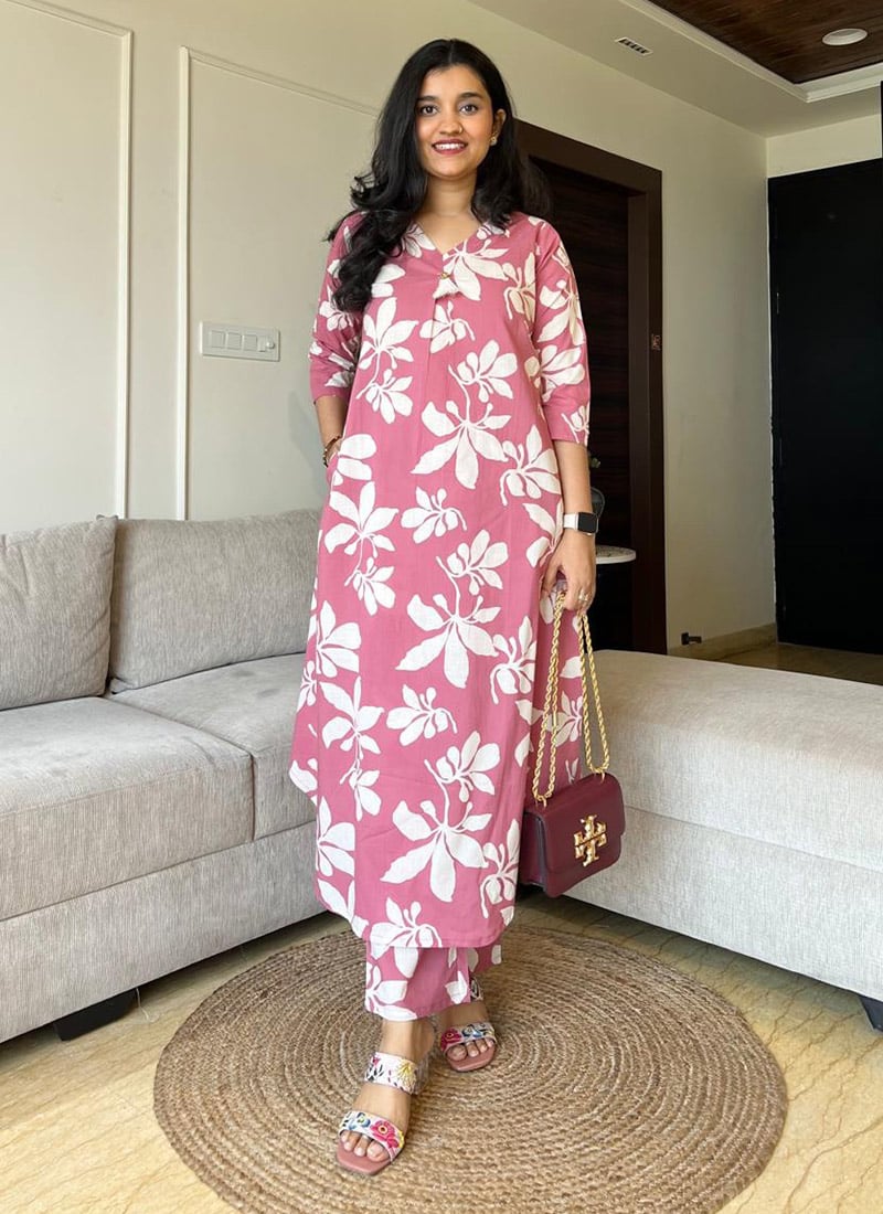 Pink Cotton Printed Kurta Straight Pant Set After Six Wear