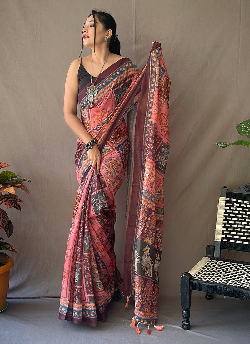 Pink Cotton Printed Work Saree Festive Wear
