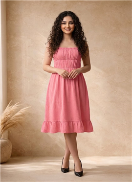 Pink Cotton Ruched Bodice Midi Dress