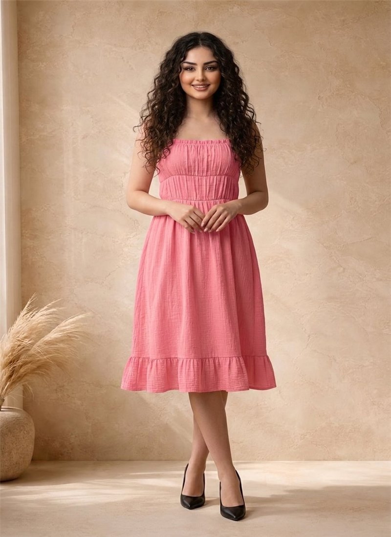 Pink Cotton Ruched Bodice Midi Dress Party Wear