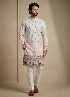 Pink Cotton Schiffli Work And Digital Print Kurta Pyjama For Men