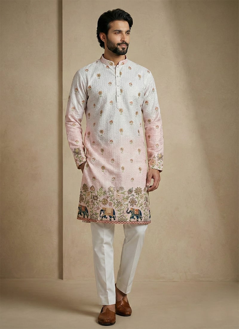Pink Cotton Schiffli Work And Digital Print Kurta Pyjama For Men Festive Wear