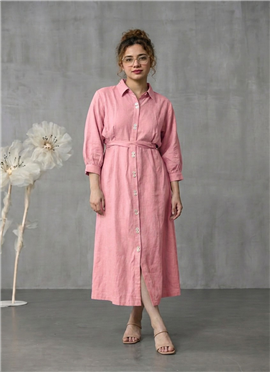 Pink Cotton Shirt Collar Midi Dress