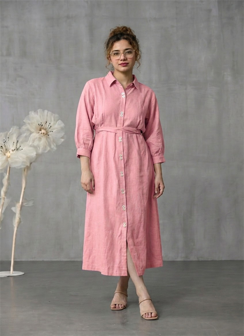 Pink Cotton Shirt Collar Midi Dress After Six Wear