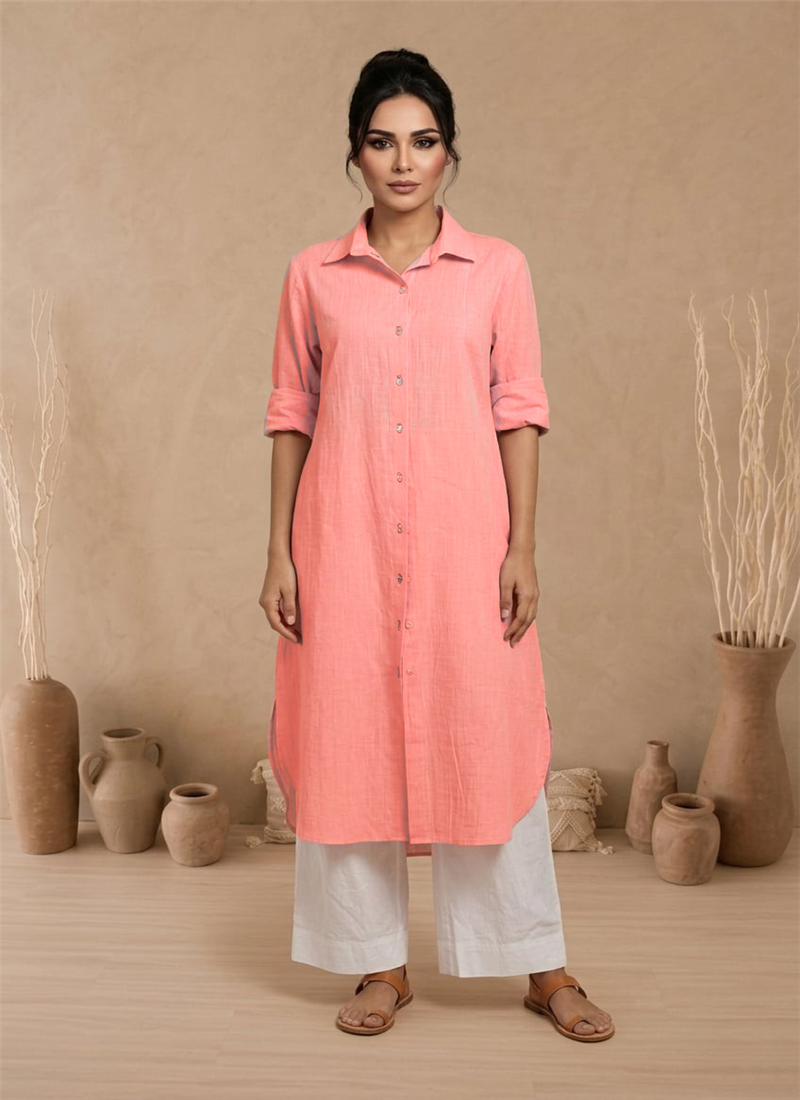 Pink Cotton Shirt Kurta With White Palazzo Set After Six Wear