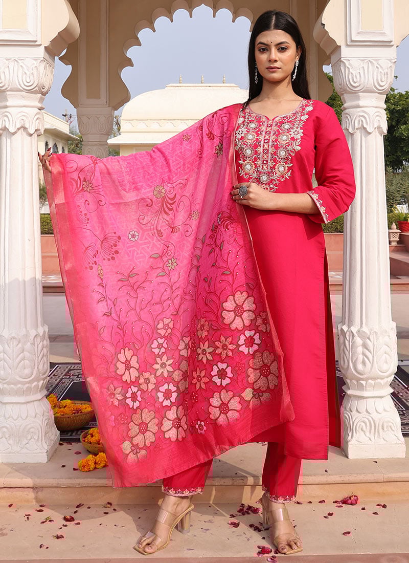 Pink Cotton Silk Beads And Sequins Hand Work Straight Pant Suit With Jacquard Digital Print Dupatta