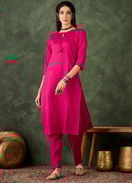 Pink Cotton Silk Blend Zari Woven Kurta Straight Pant Set