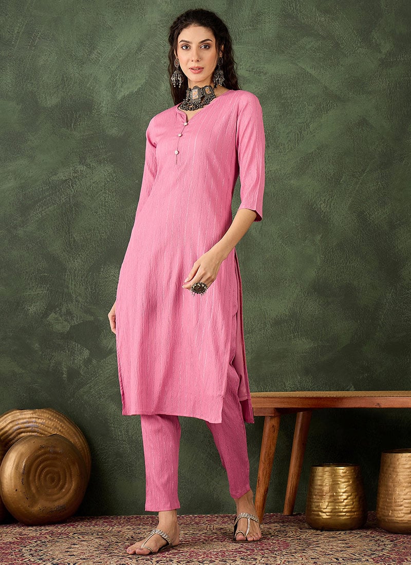 Pink Cotton Silk Blend Zari Woven Kurta Straight Pant Set After Six Wear