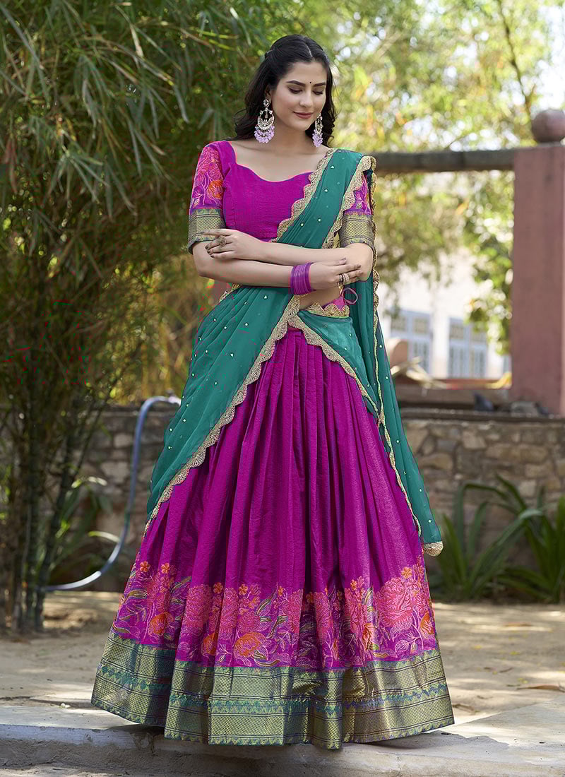 Magenta Cotton Silk Embroidered Zari A Line Lehenga Festive Wear