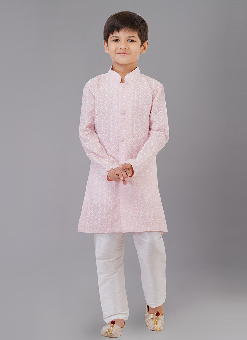Pink Cotton Silk Embroidery Kurta Pyjama Party Wear