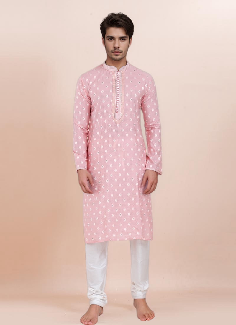 Pink Cotton Silk Jacquard Kurta Pyjama Festive Wear