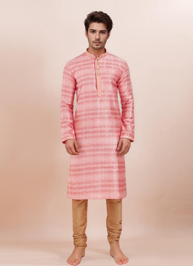 Pink Cotton Silk Jacquard Kurta Pyjama Festive Wear
