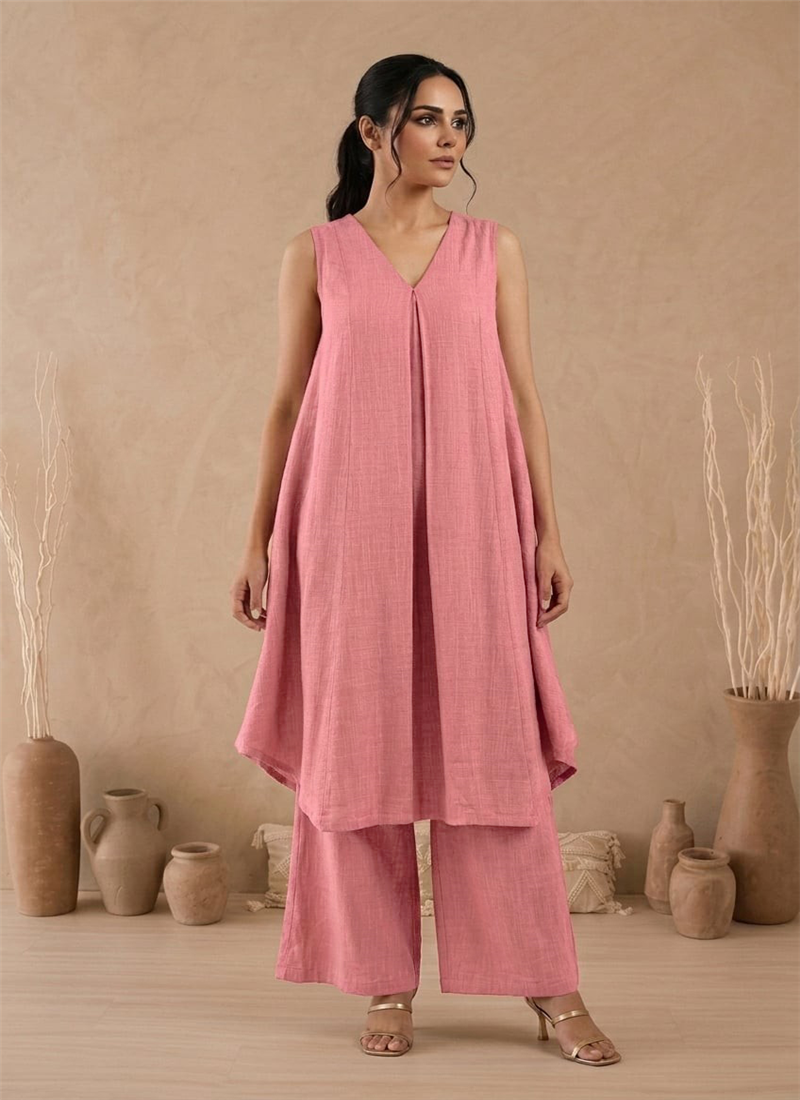 Pink Cotton Sleeveless Layered Kurta With Palazzo  After Six Wear