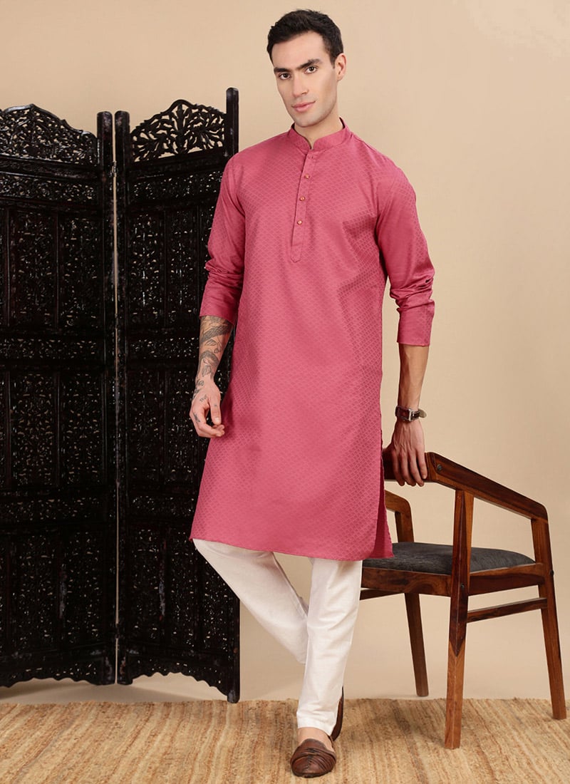 Pink Cotton Textured Kurta