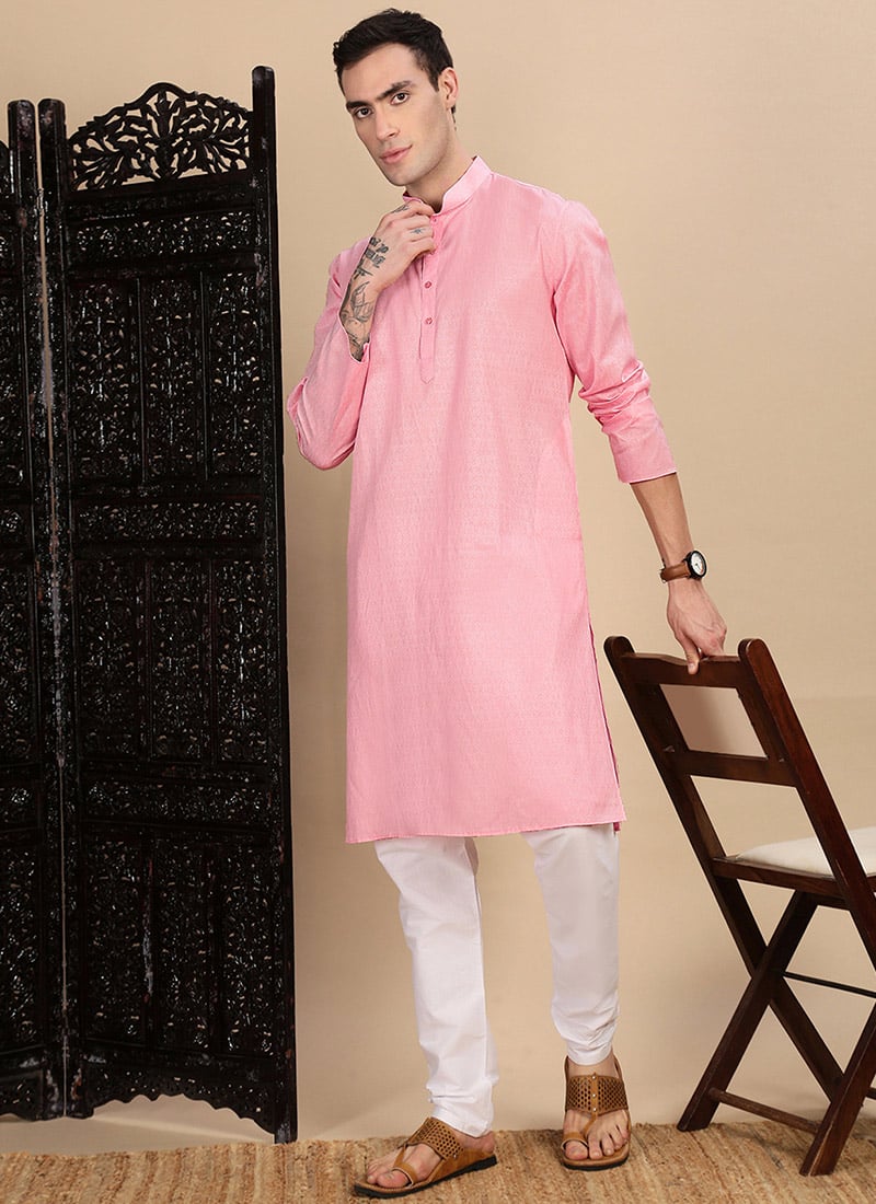 Pink Cotton Textured Kurta