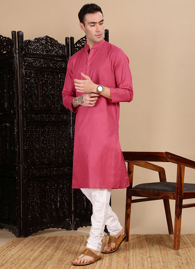 Pink Cotton Textured Kurta