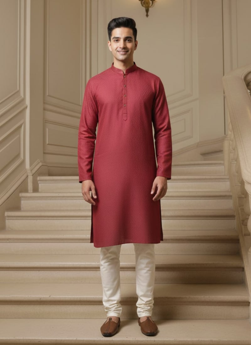 Pink Cotton Textured Kurta Pyjama Festive Wear