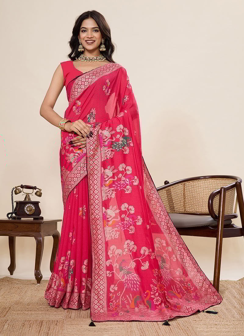 Pink Cotton Zari And Foil Print Saree Festive Wear
