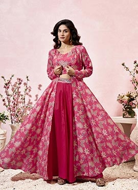 Pink Crepe Digital Print Beads Indowestern Palazzo Set Wedding Wear