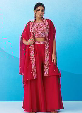 Pink Crepe Embroidered Sequins With Beads Work Jacket Palazzo Crop Top Set