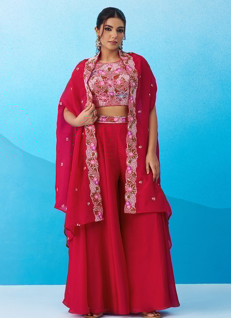 Pink Crepe Embroidered Sequins With Beads Work Jacket Palazzo Crop Top Set Wedding Wear
