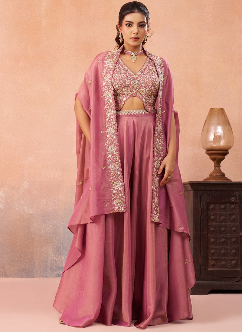 Pink Crepe Embroidered Sequins With Beads Work Jacket Palazzo Crop Top Set Wedding Wear