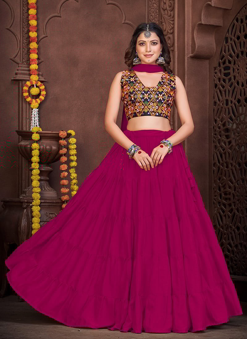 Pink Crepe Kutch Mirror Work Chaniya Choli