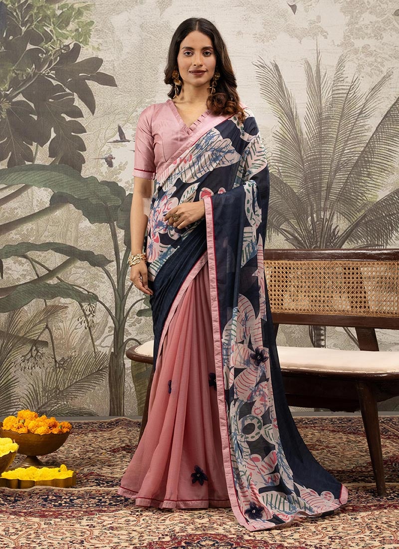 Pink Crepe Printed Saree After Six Wear
