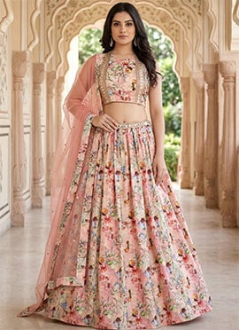 Pink Crepe Silk Digital Print Lehenga