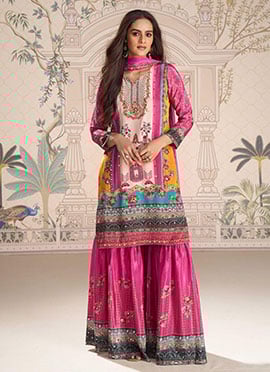 Pink Crepe Silk Digital Print Stone And Mirror Work Sharara Suit