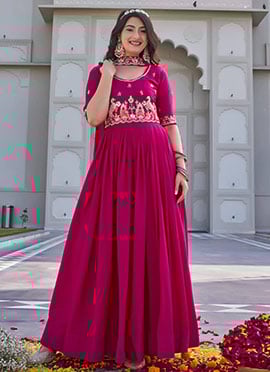 Pink Crepe Silk Embroidered Sequins Beads Thread Anarkali Suit