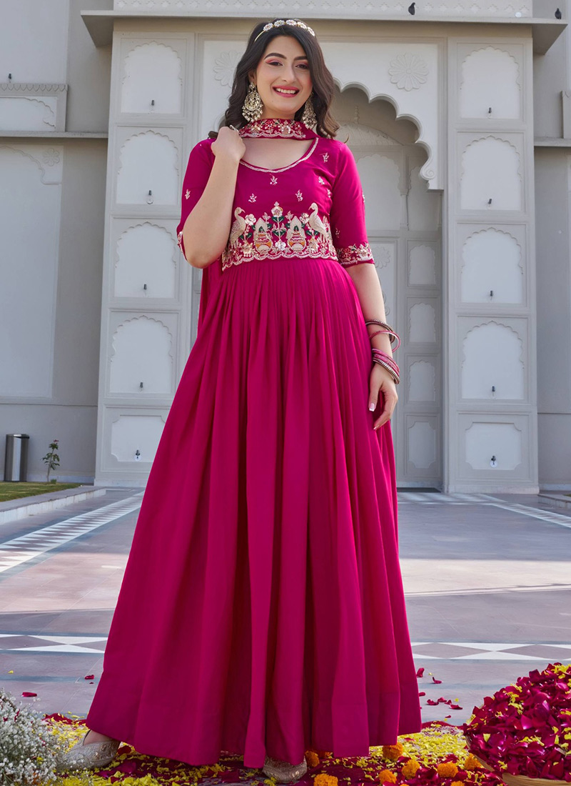 Pink Crepe Silk Embroidered Sequins Beads Thread Anarkali Suit Festive Wear