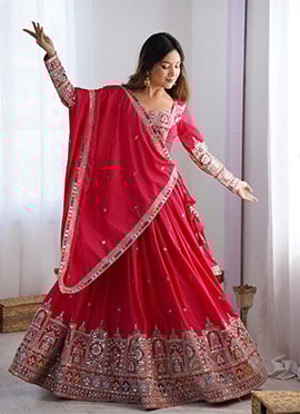 Pink Crepe Silk Embroidered Sequins Lehenga Wedding Wear