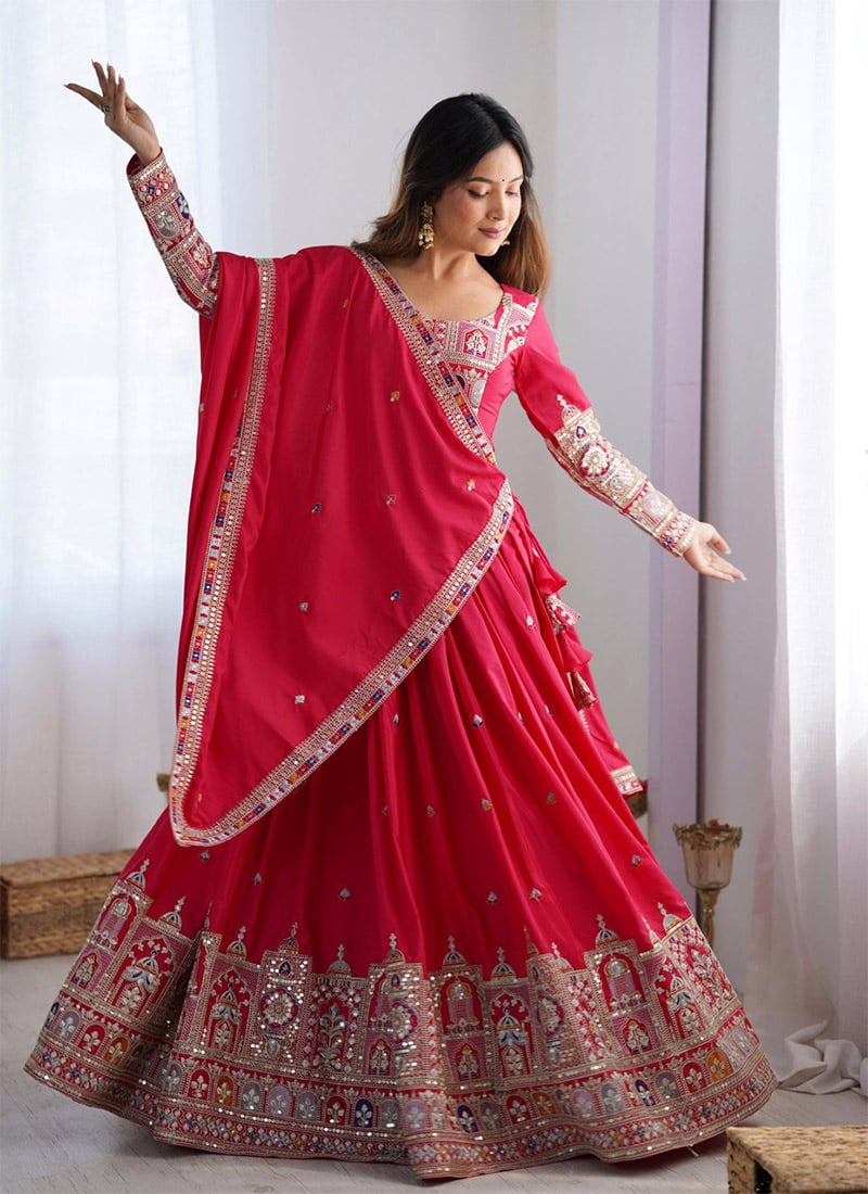 Pink Crepe Silk Embroidered Sequins Lehenga Wedding Wear